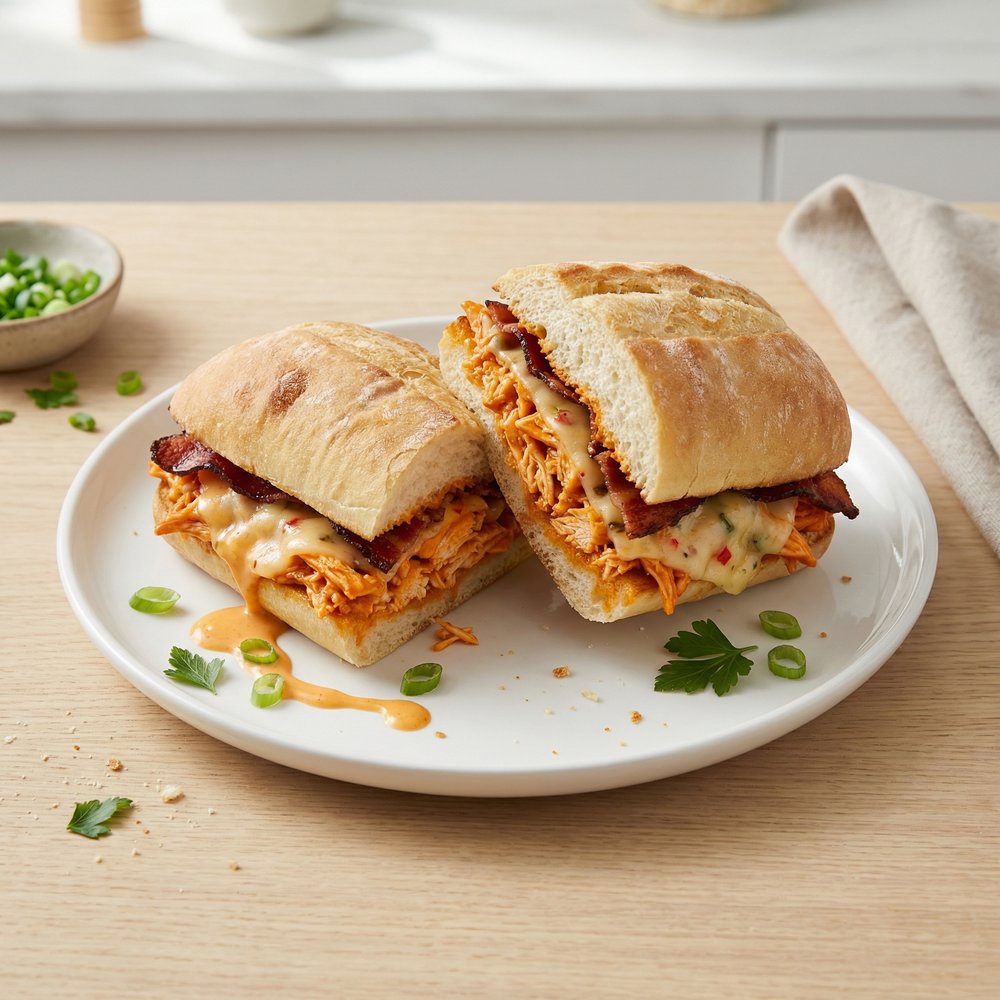Hot Buffalo Chicken, Bacon, and Cheese Sandwich