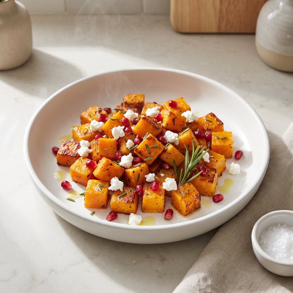 Butternut Squash Roast with Goat Cheese, Pomegranate, and Rosemary