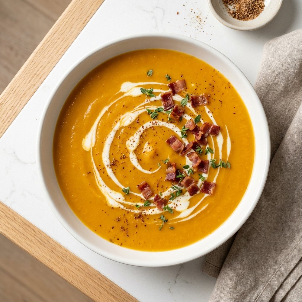Butternut Squash & Sweet Potato Bisque with Applewood-Smoked Bacon