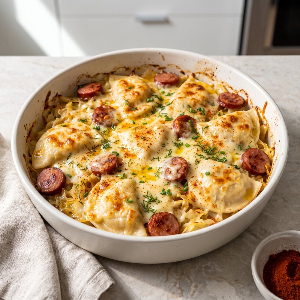 Cabbage and Pierogi Bake with Kielbasa