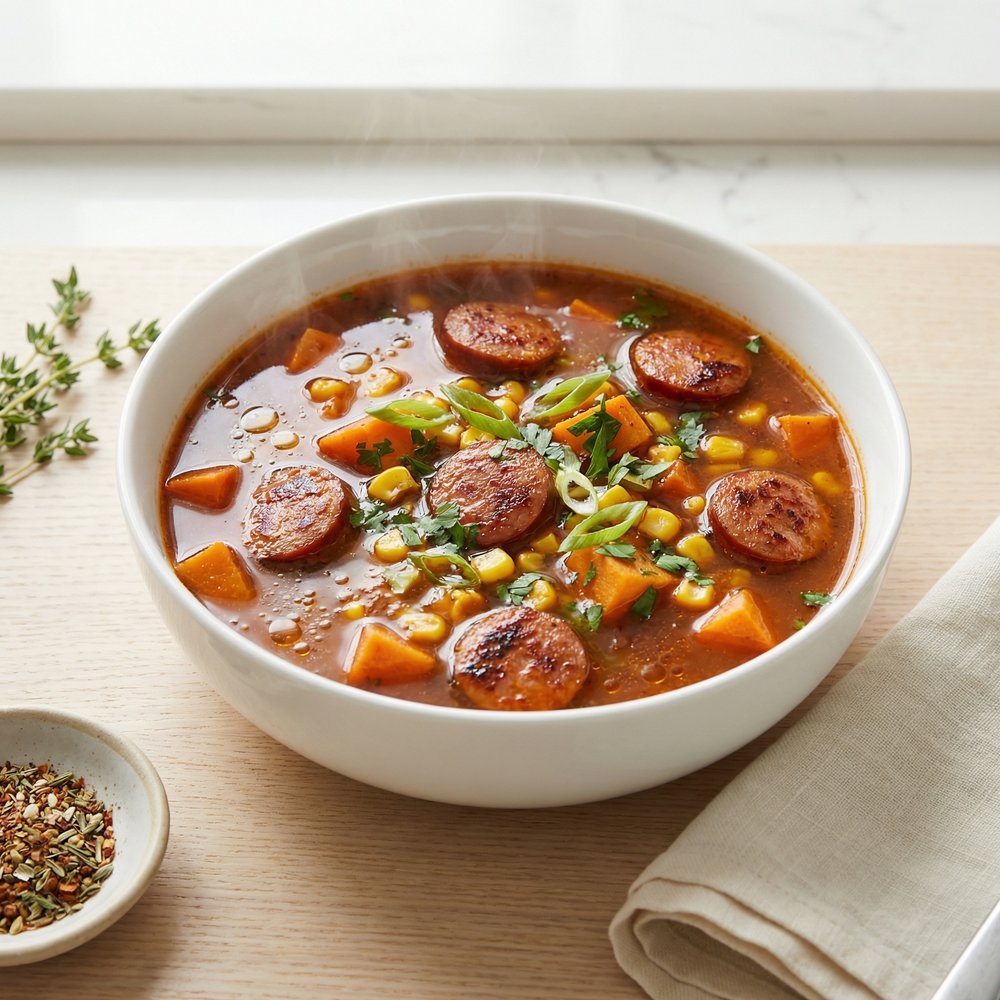 Andouille, Sweet Potato & Corn Chowder