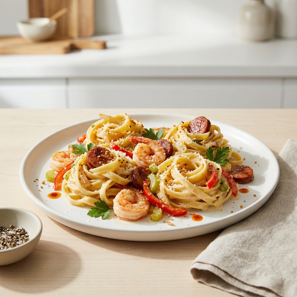 Creole-Style Shrimp and Sausage Alfredo Pasta