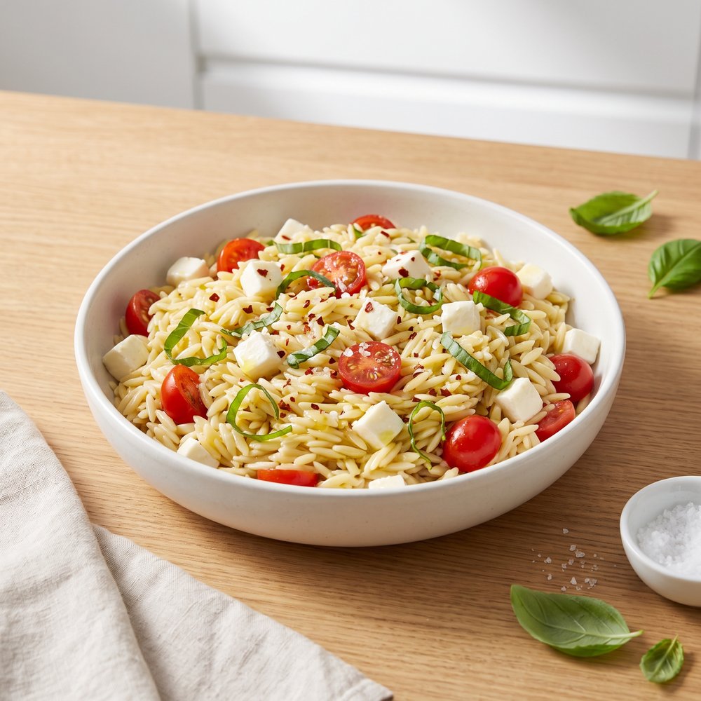 Caprese-Style Orzo Pasta Salad with Fresh Mozzarella