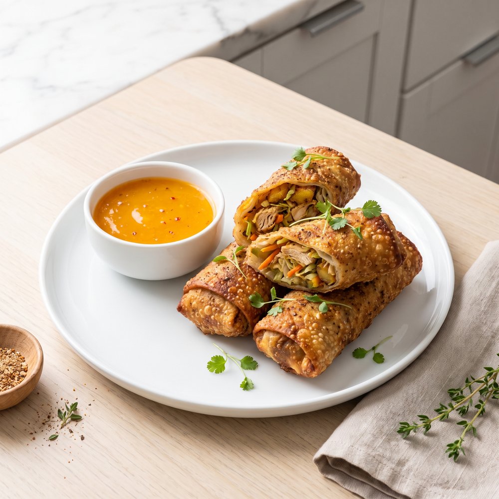 Caribbean-Style Chicken Egg Rolls with Mango Habanero Dip