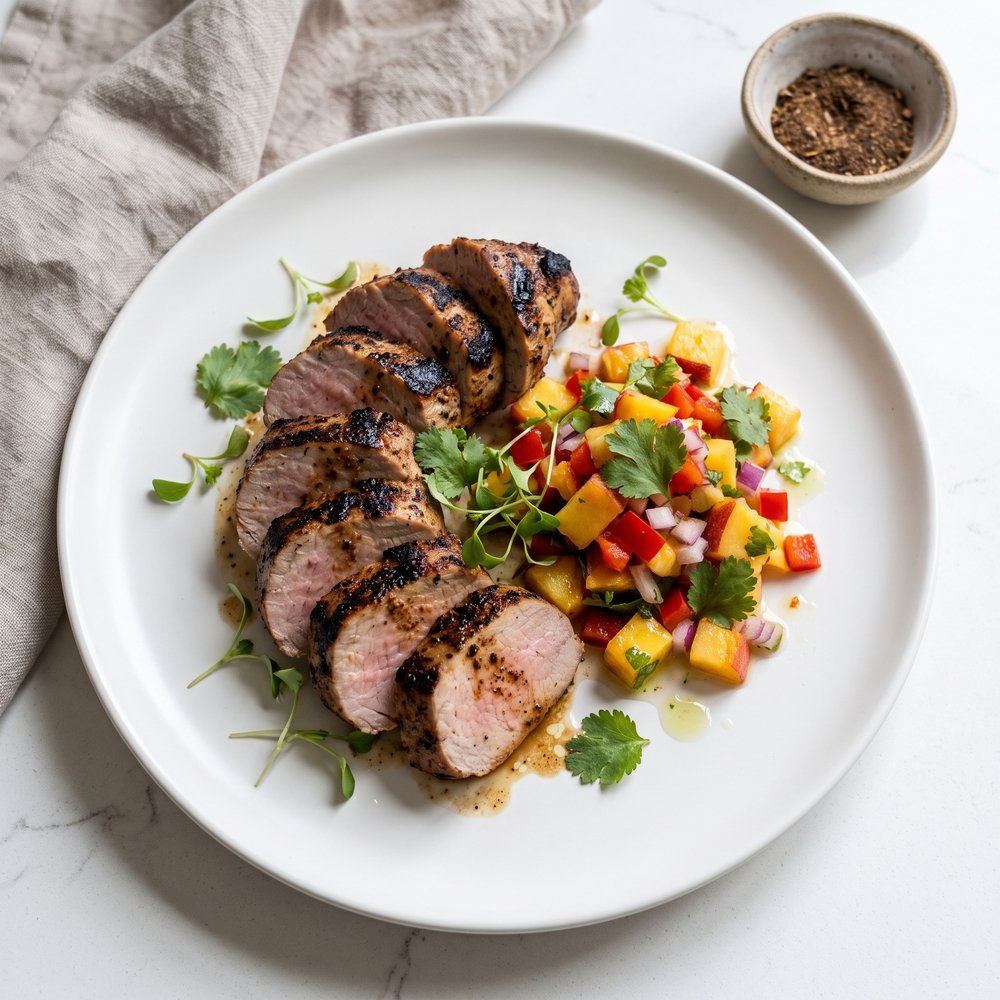 Caribbean Jerk Pork Tenderloin with Fresh Peach Salsa