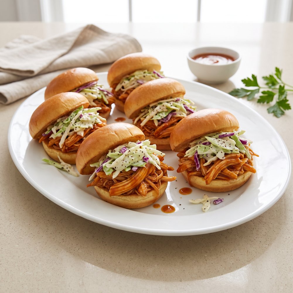 Carolina-Style Pulled Chicken Sliders with Slaw