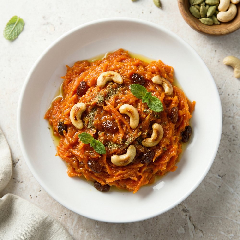 Milk-Reduced Carrot Halwa with Cashews and Raisins