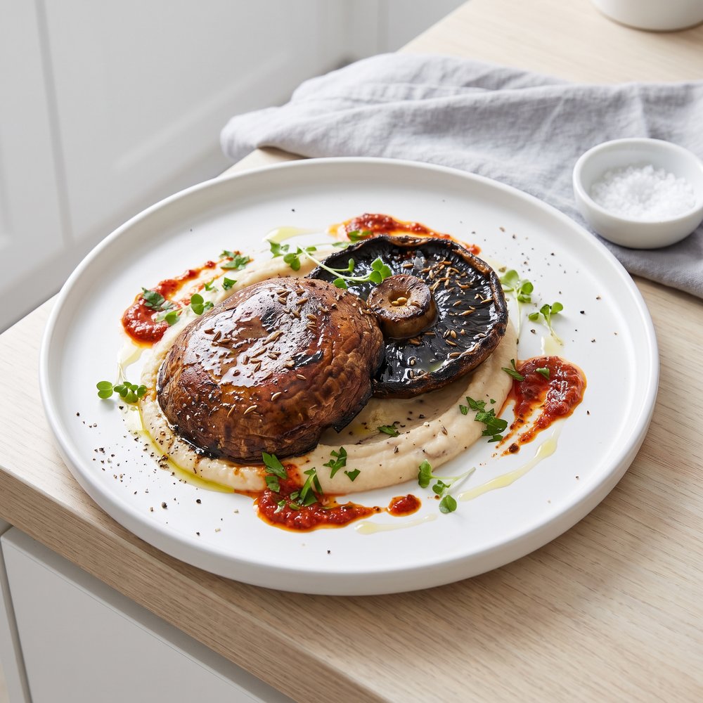 Charred Portobello Caps with Creamy Cannellini Mash and Harissa-Style Pepper Sauce