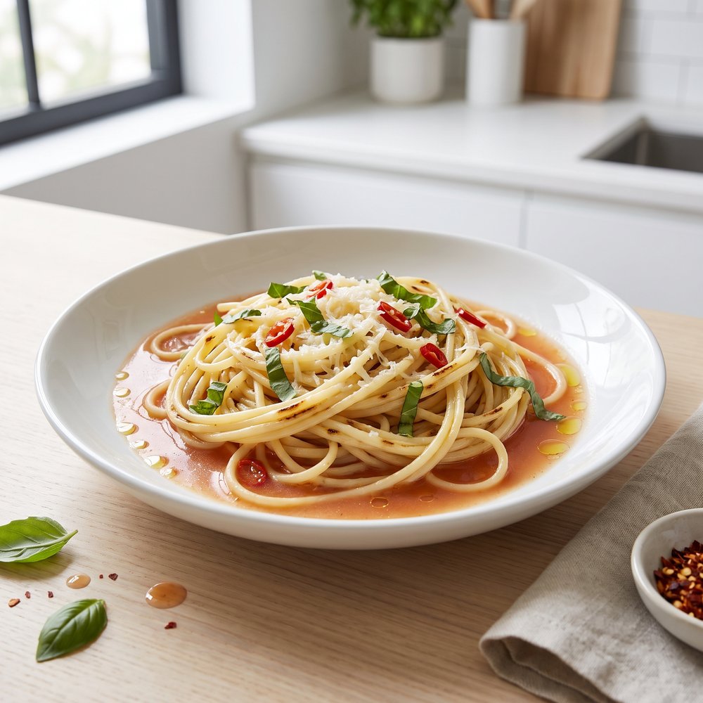 Charred Spaghetti with Garlic-Tomato Broth