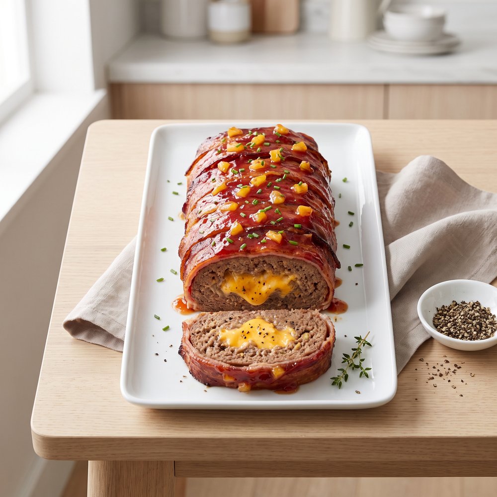 Cheddar-Stuffed Bacon-Wrapped Meatloaf