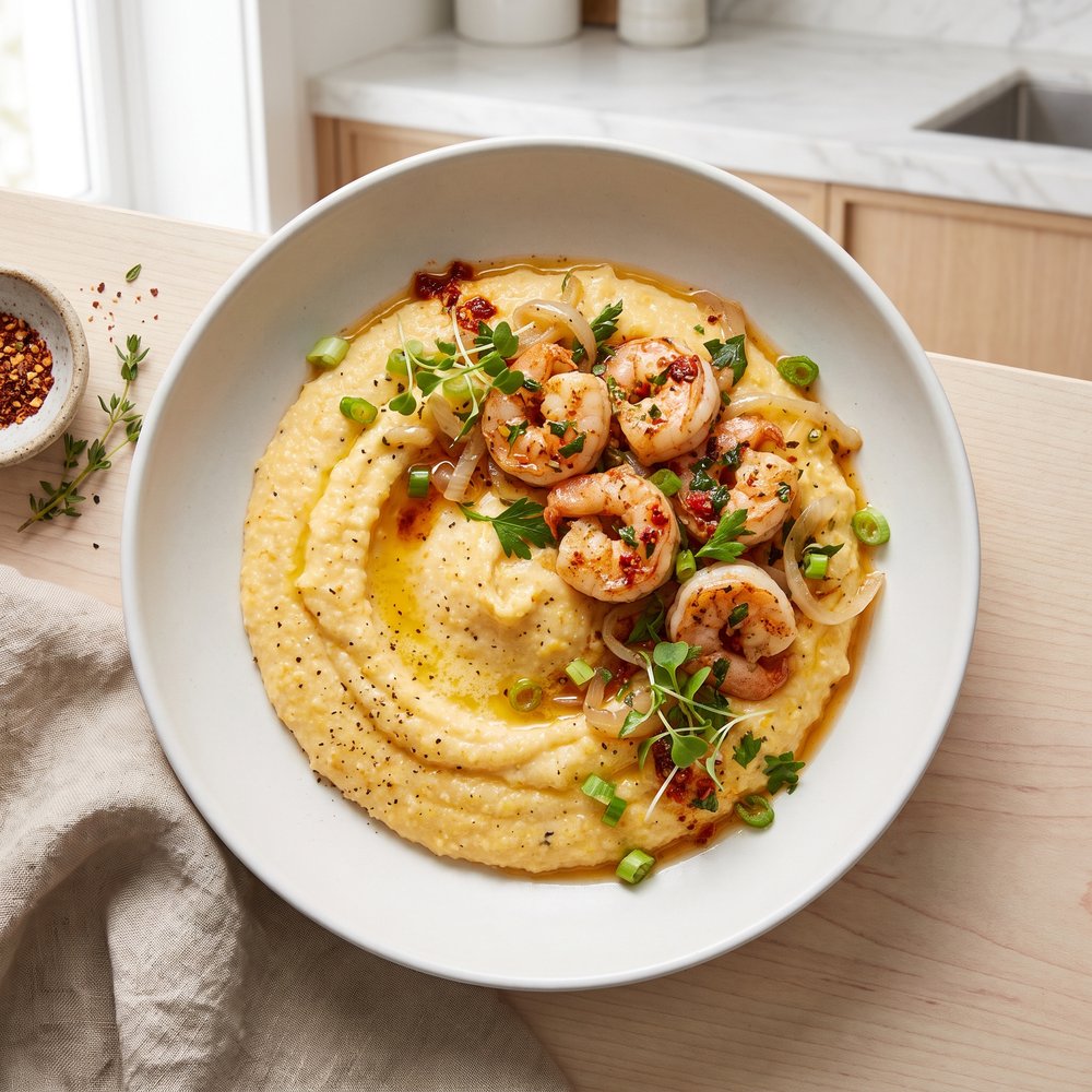 Cheddar Grits with Garlicky Shrimp
