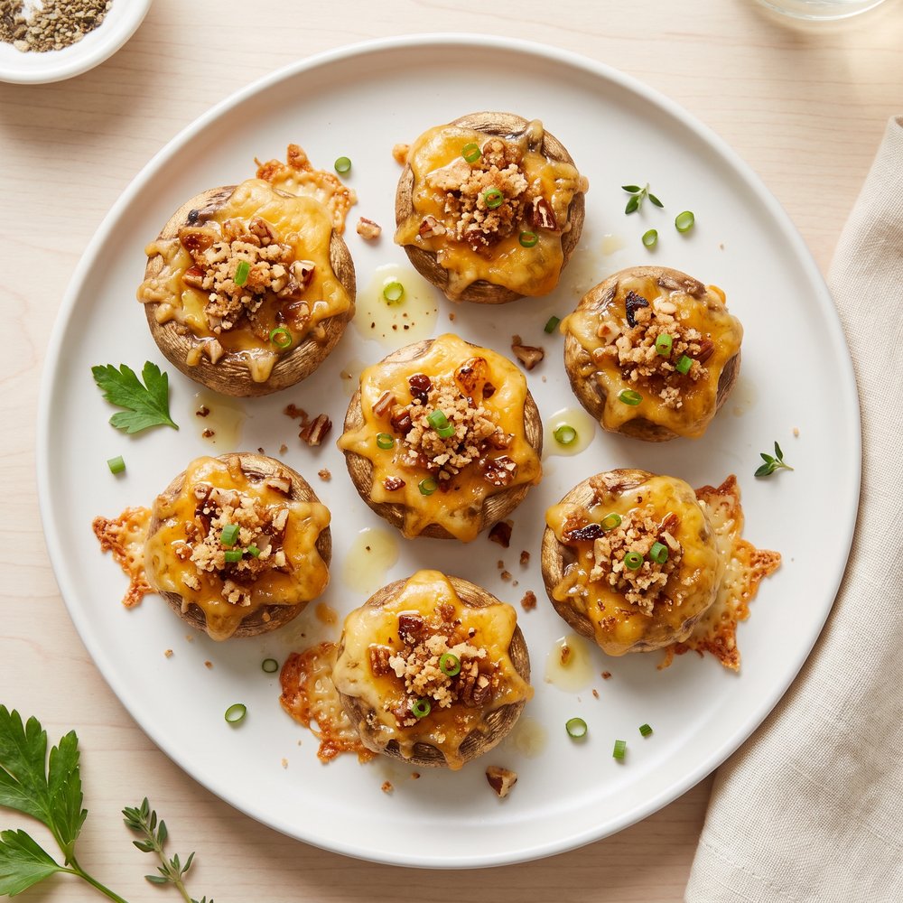 Cheddar and Pecan Filled Button Mushrooms