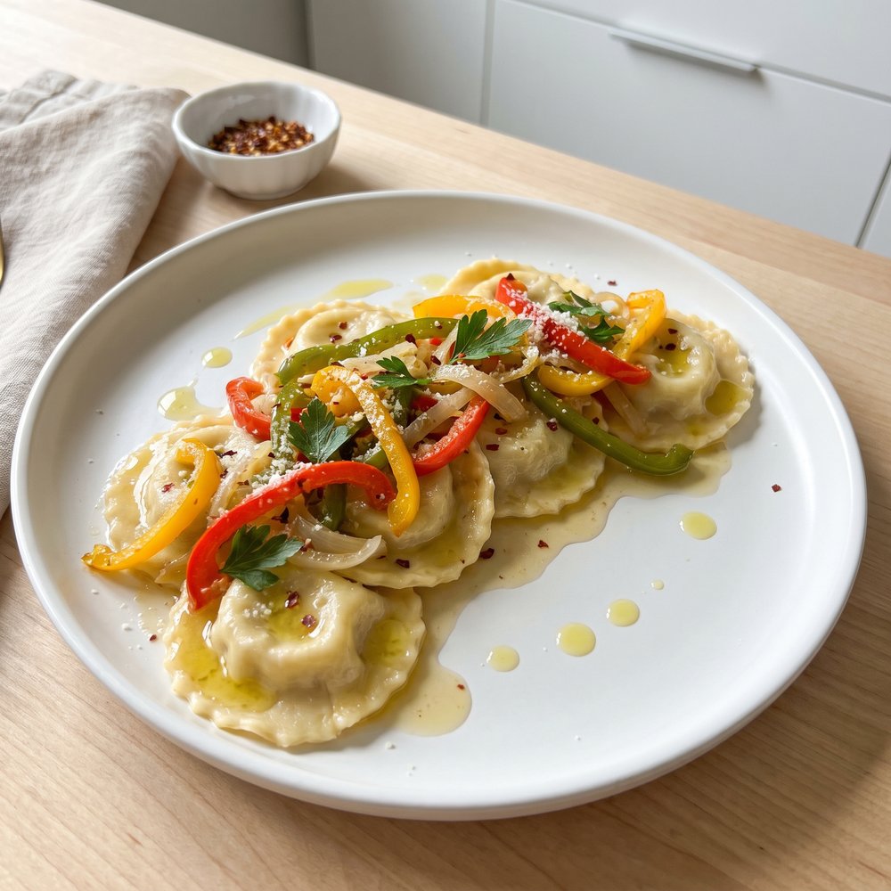 Cheese Ravioli with Three Pepper Topping