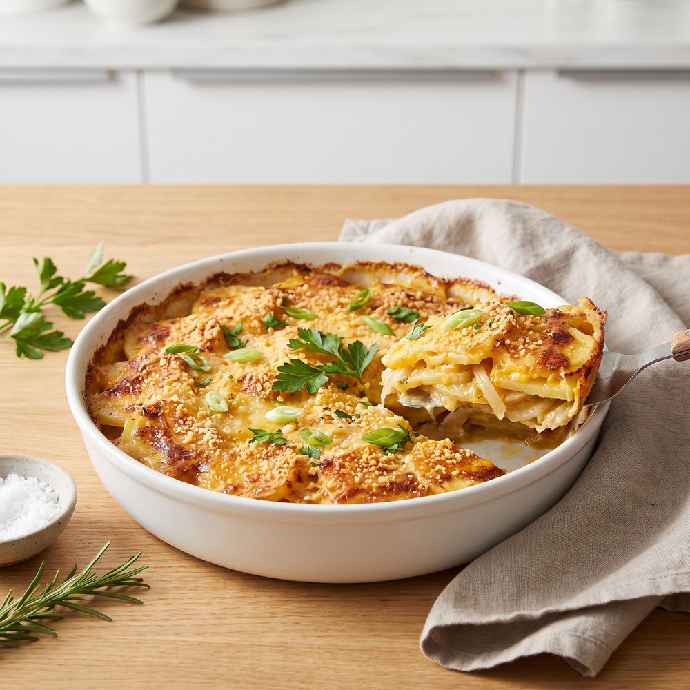 Cheesy Au Gratin Potatoes with Onions and Parmesan Crust