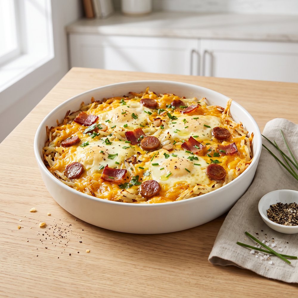 Cheesy Bacon, Sausage, and Egg Hash Brown Skillet
