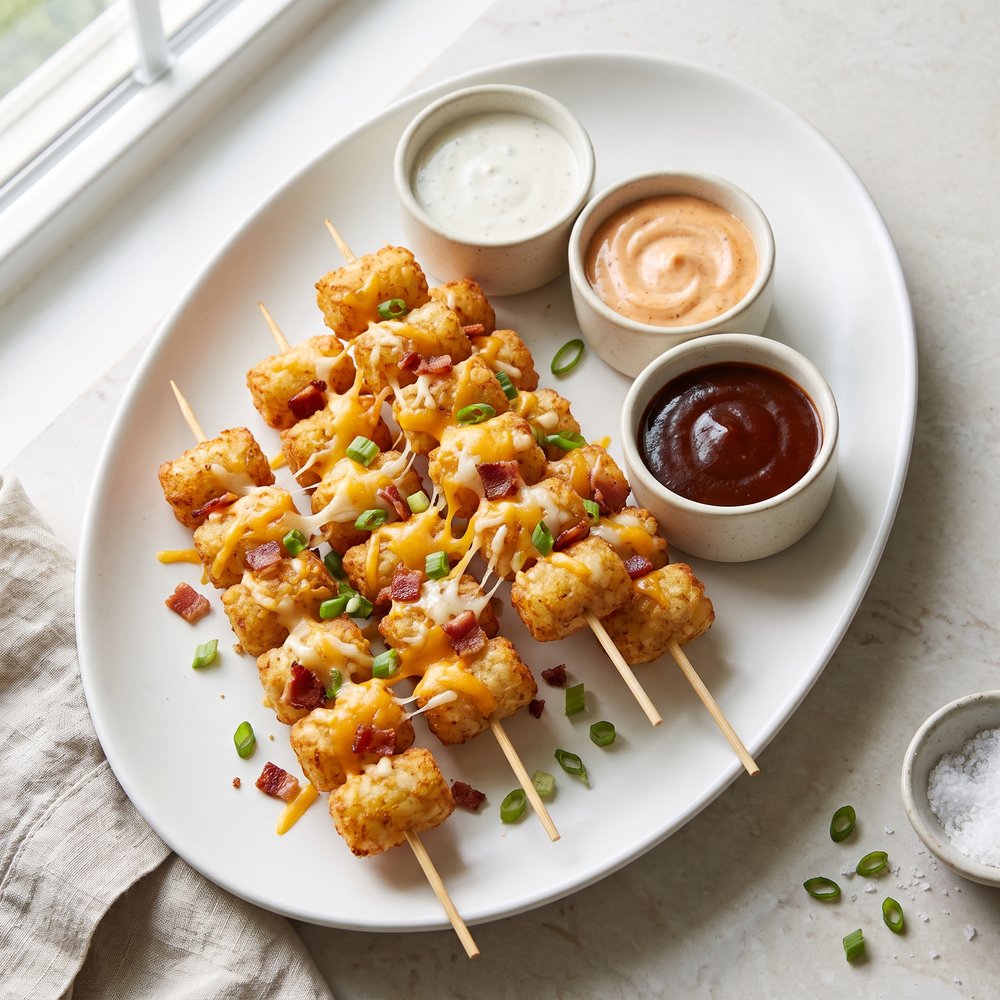 Cheesy Bacon Tater Tot Skewers with Green Onions