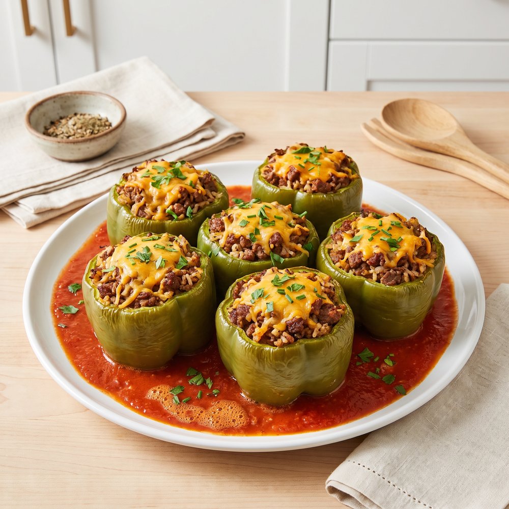 Cheesy Beef-Stuffed Green Bell Peppers