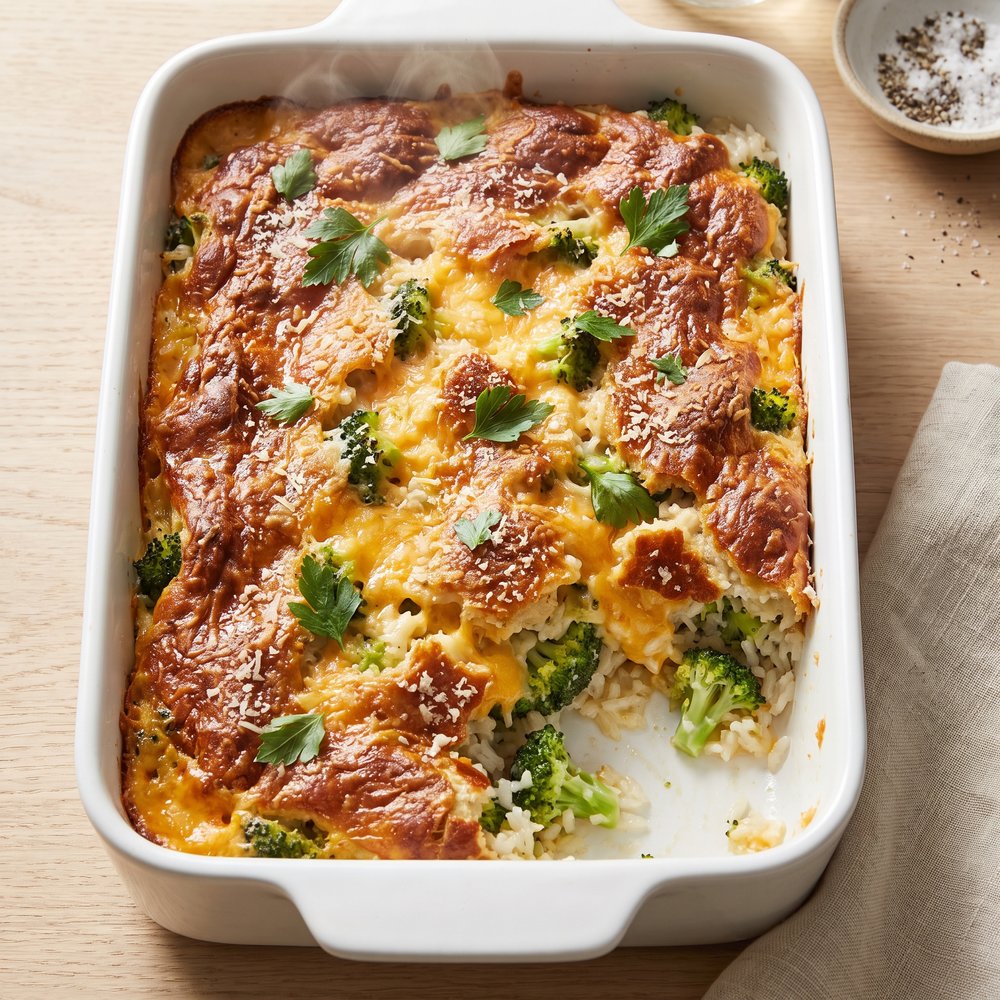 Cheesy Broccoli Rice Bake with Garlic-Parmesan Pretzel Crust