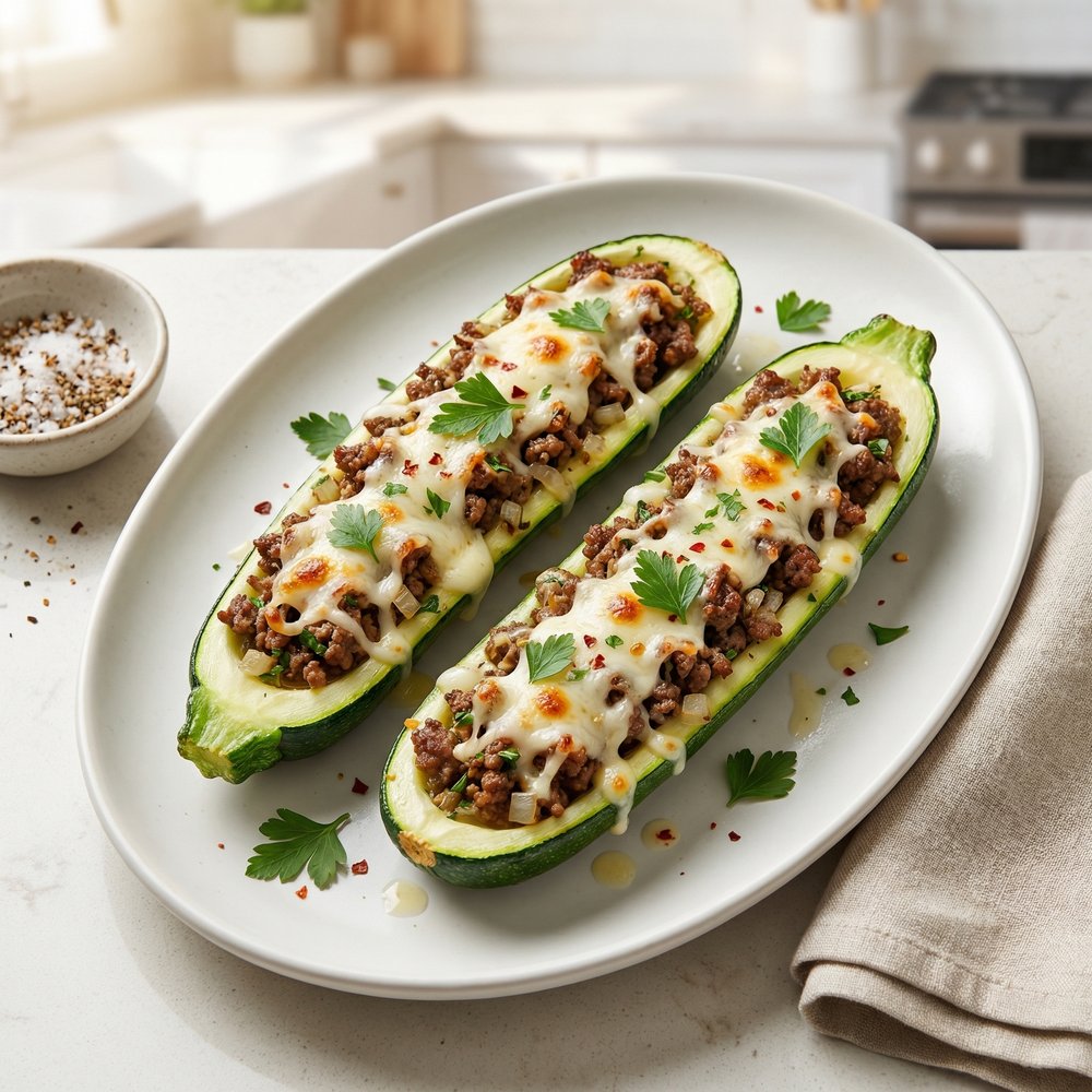 Stuffed Zucchini Boats with Beef and Mozzarella