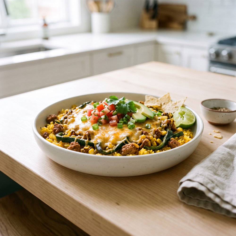 Cheesy Pork Taco Rice