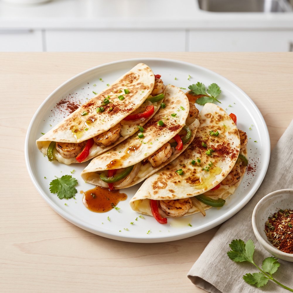 Cheesy Shrimp Quesadillas with Peppers and Onions