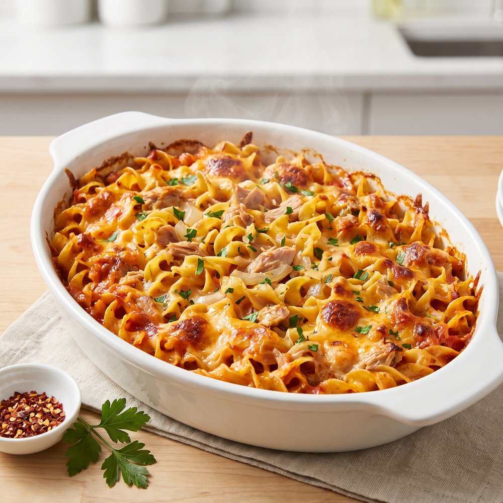 Cheesy Tuna and Tomato Noodle Bake