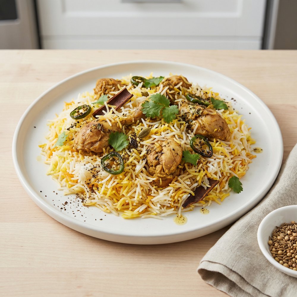 Chicken Biryani with Spiced Tomato-Onion Masala