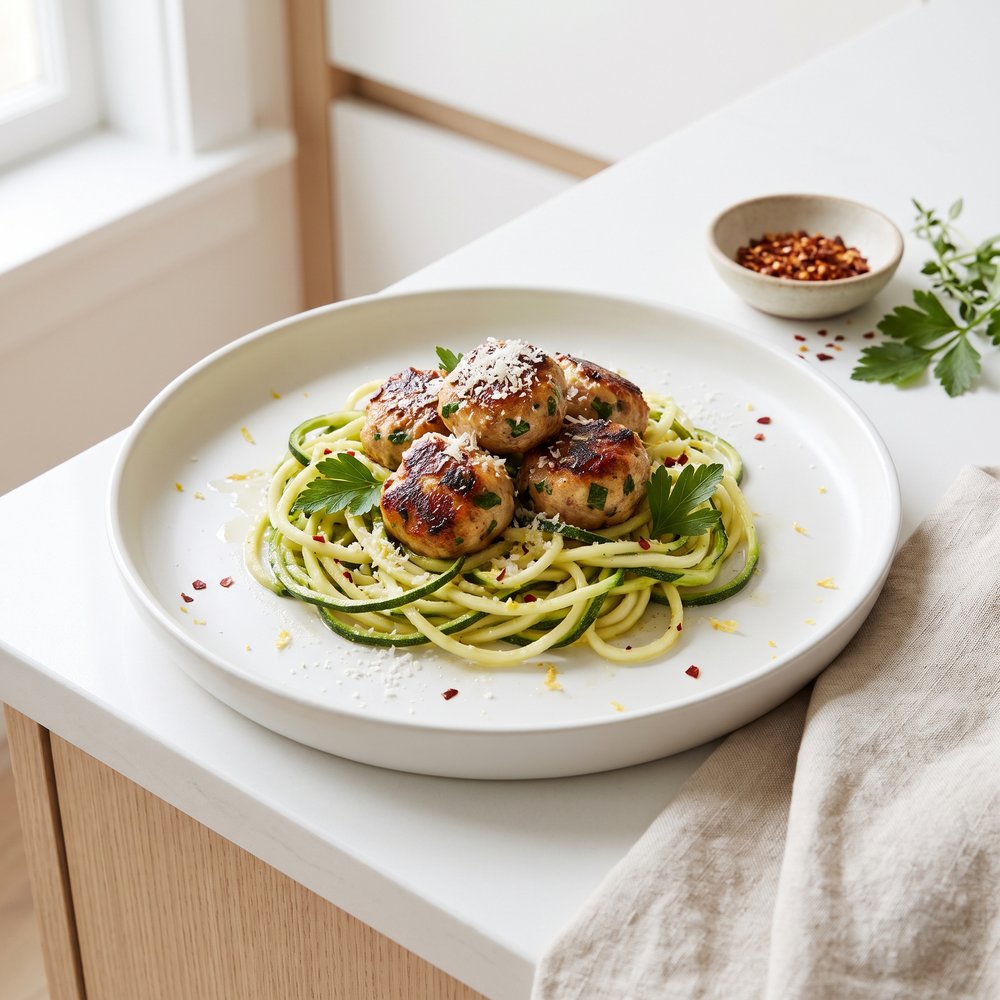 Chicken Meatballs with Garlic-Butter Zucchini Noodles