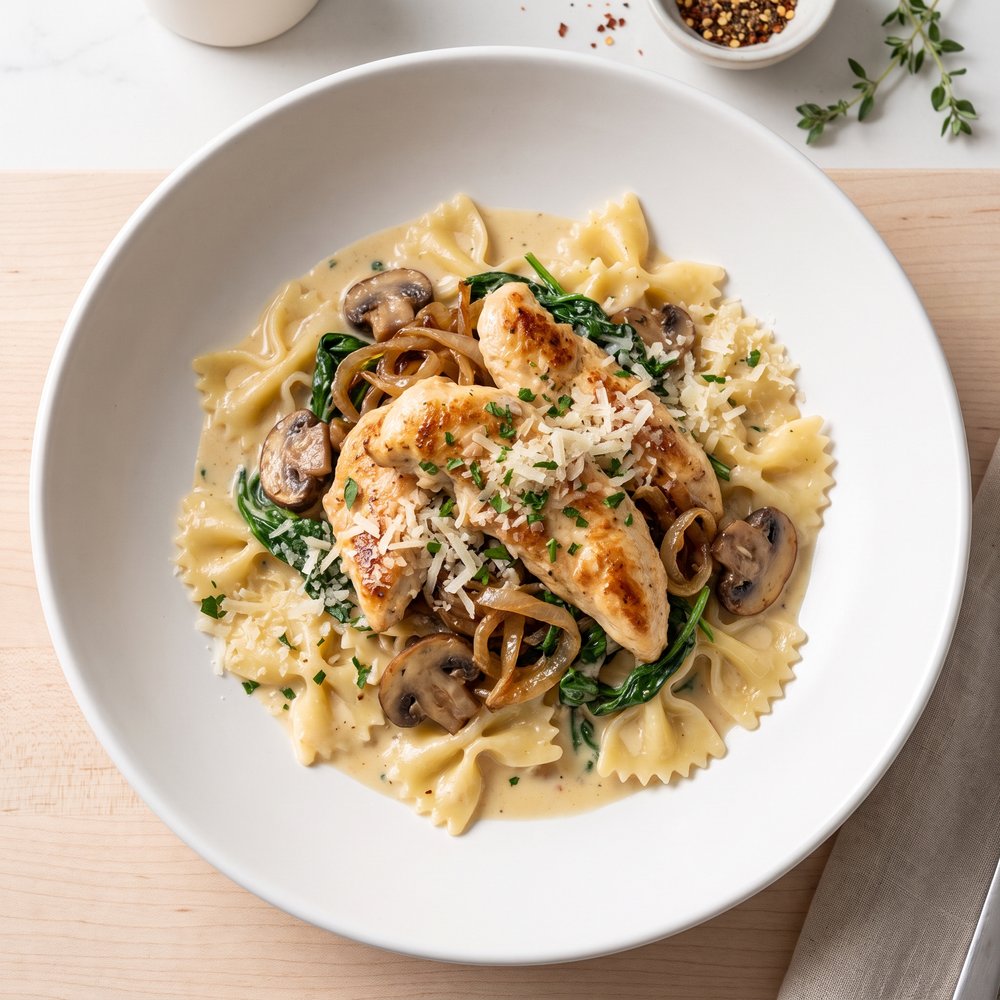 Chicken, Mushroom & Spinach Farfalle in Creamy Dijon Sauce