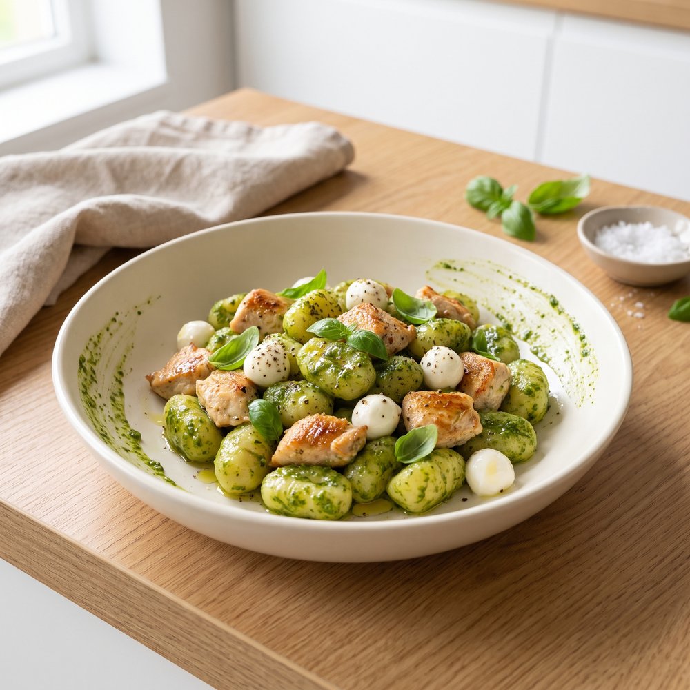 Chicken Pesto Gnocchi with Fresh Mozzarella Pearls