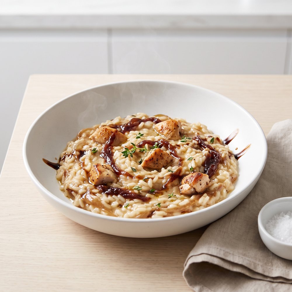 Chicken Risotto with Balsamic-Caramelized Onions