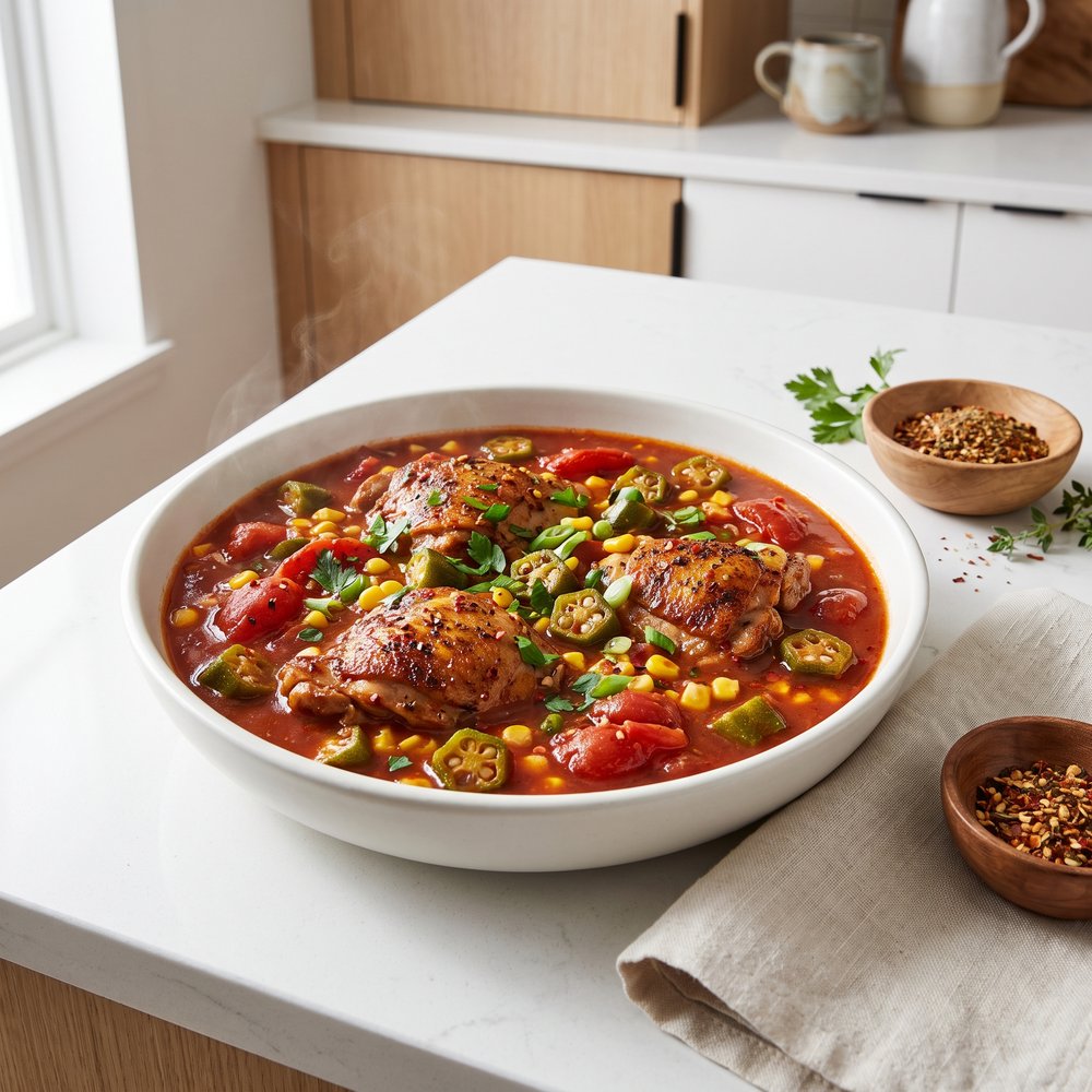 Chicken Stew with Okra, Corn, and Tomatoes