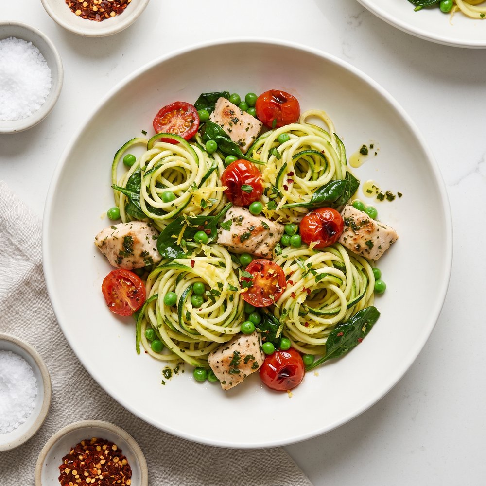 Chicken, Tomatoes, and Zucchini Noodles in Bright Lemon-Garlic Sauce