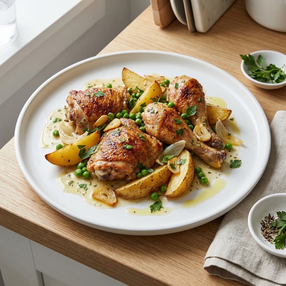 Chicago-Style Chicken Vesuvio with Potatoes and Peas
