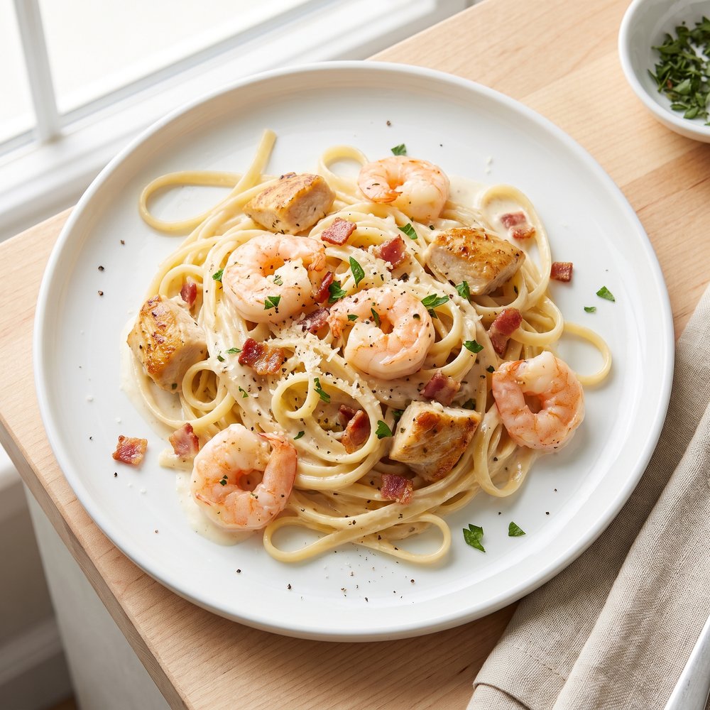 Chicken & Shrimp Linguine Carbonara