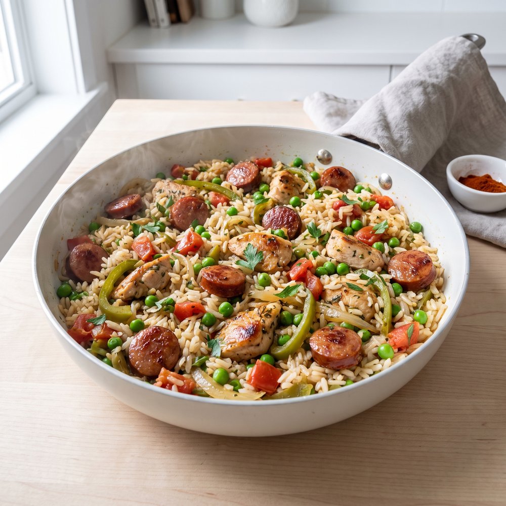 Chicken and Sausage, Spanish-Inspired Skillet