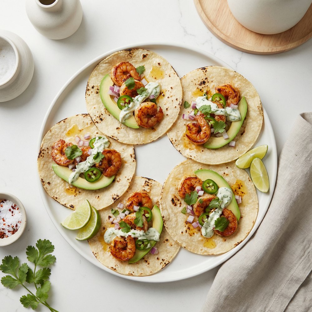 Cilantro-Lime Crema Shrimp Street Tacos