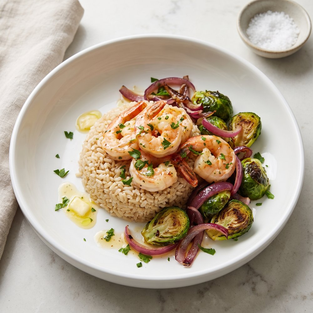 Citrus-Garlic Shrimp with Roasted Brussels Sprouts over Brown Rice