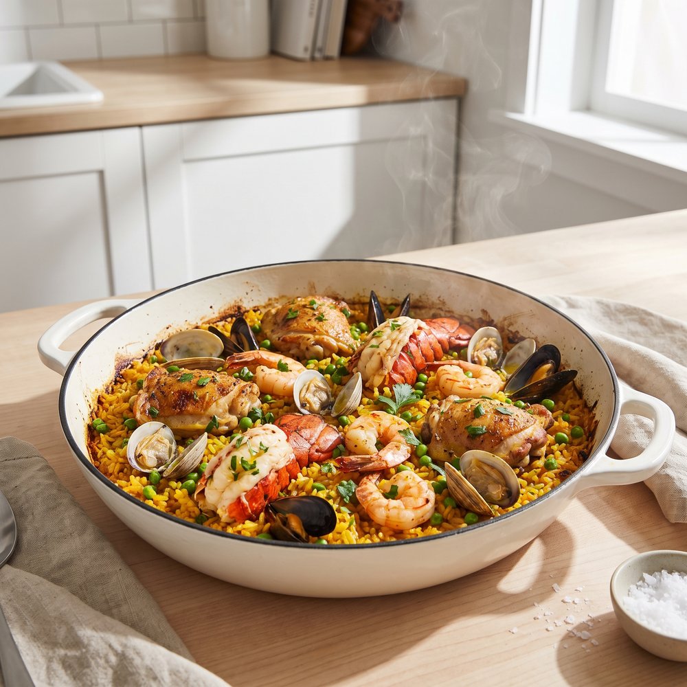 Classic Spanish Paella with Chicken and Seafood