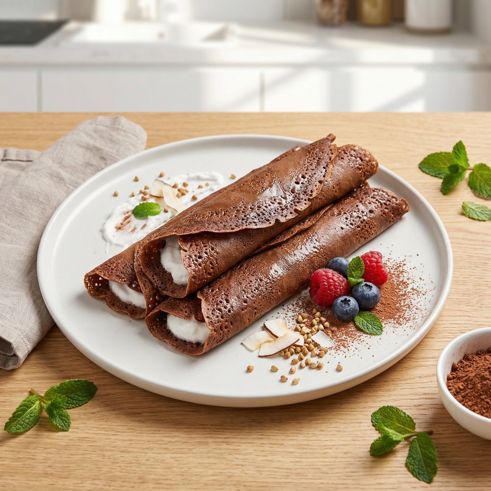 Cocoa Buckwheat Crêpes with Fluffy Coconut Cream