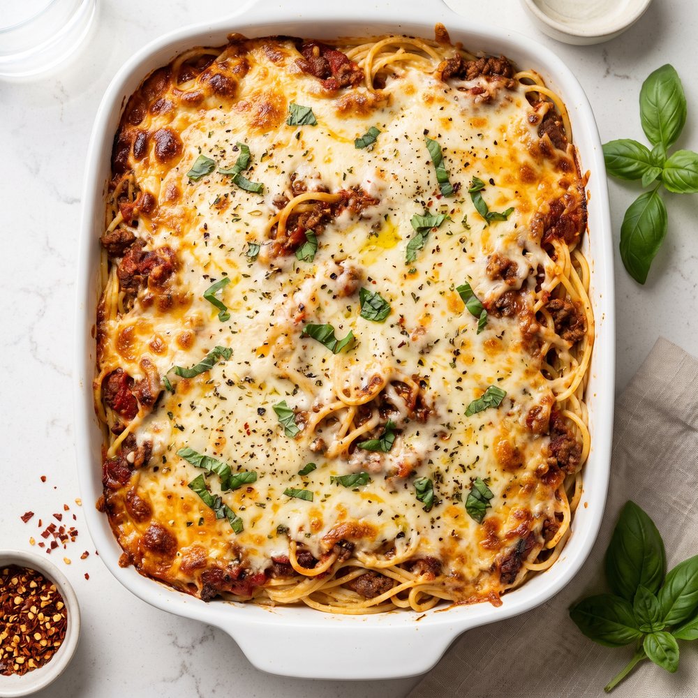 Creamy Baked Spaghetti Casserole with Cheese