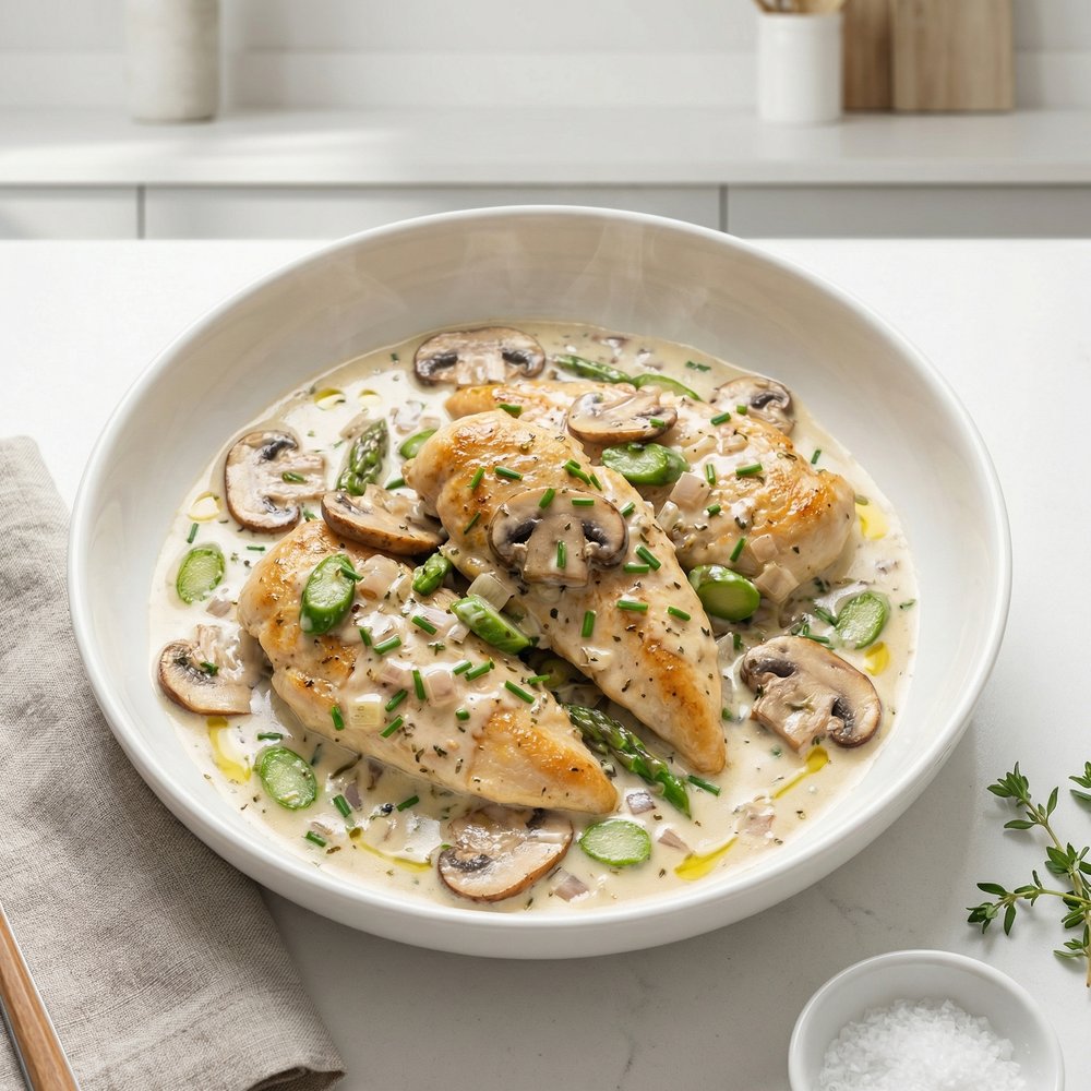 Skillet Chicken with Boursin, Mushrooms, and Asparagus