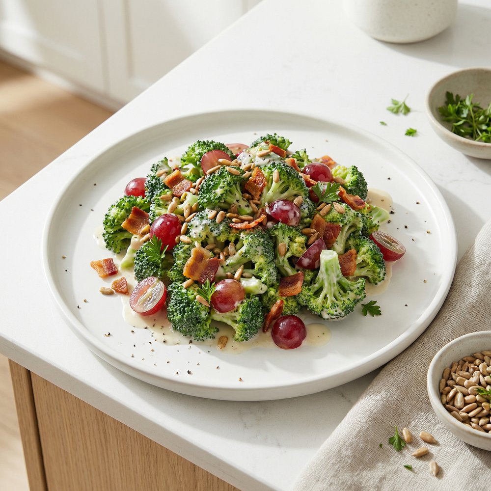 Broccoli Salad with Red Grapes, Bacon, and Sunflower Seeds