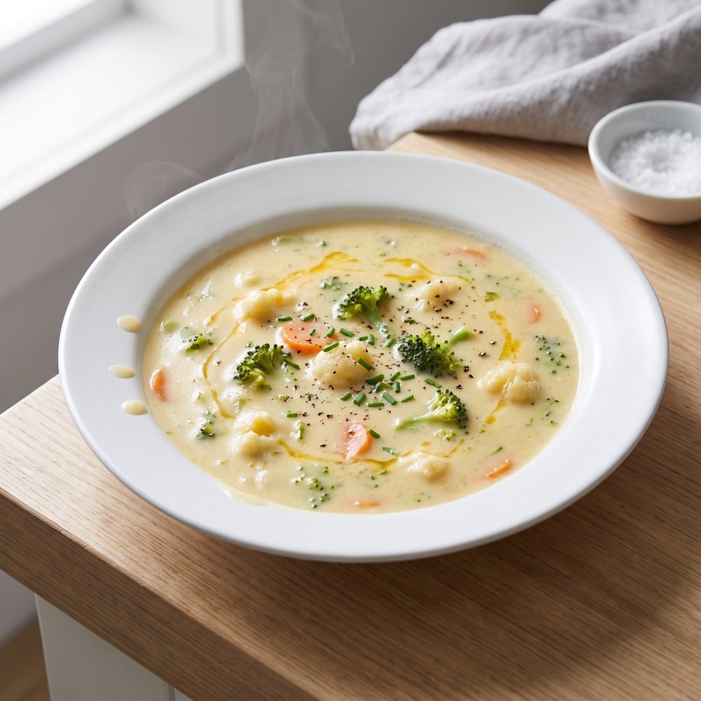 Creamy Broccoli and Mixed Vegetable Cheese Soup