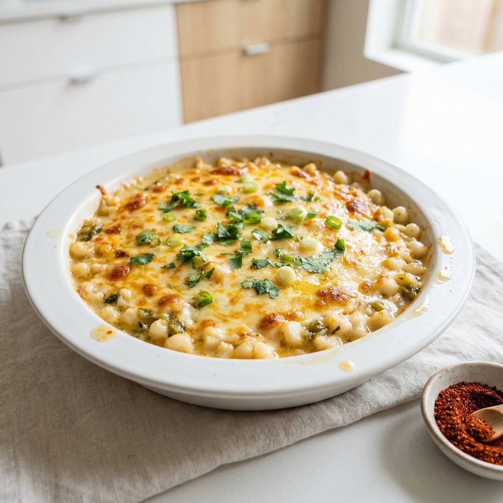 Cheesy Hominy Bake with Green Chiles