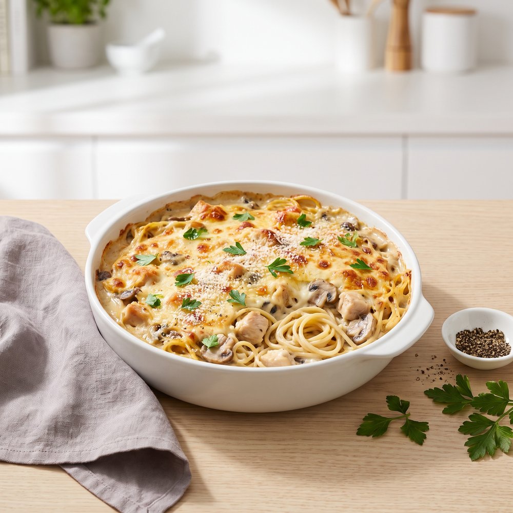 Creamy Chicken & Mushroom Tetrazzini Bake