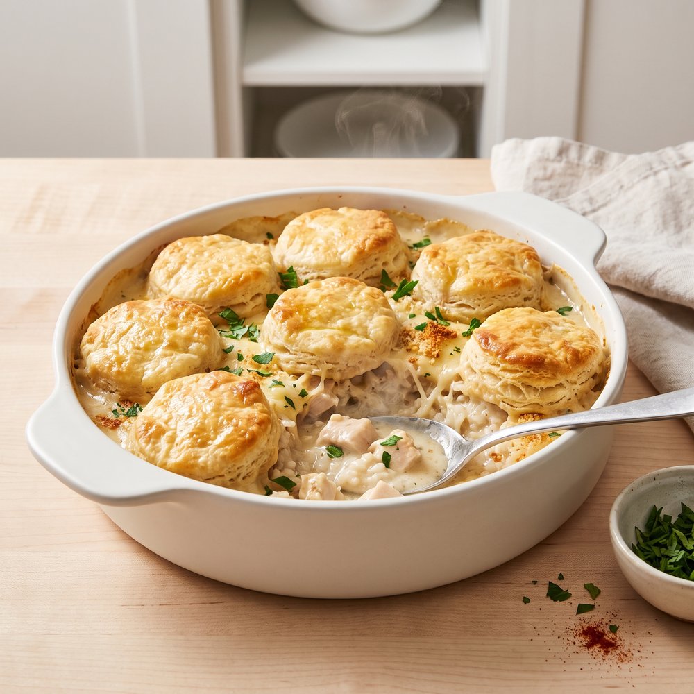 Creamy Chicken and Rice Biscuit Bake