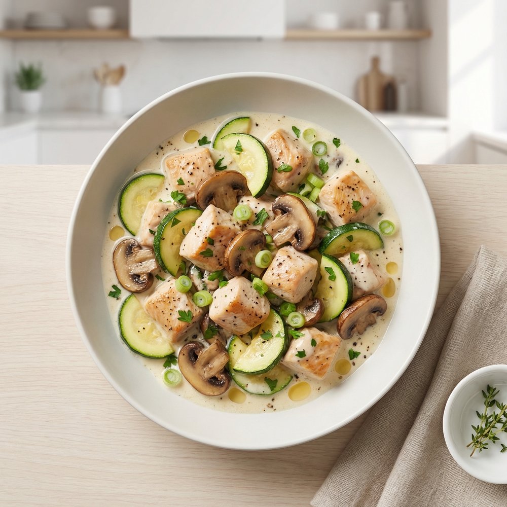 Weeknight Chicken with Mushrooms and Zucchini in Creamy Sauce
