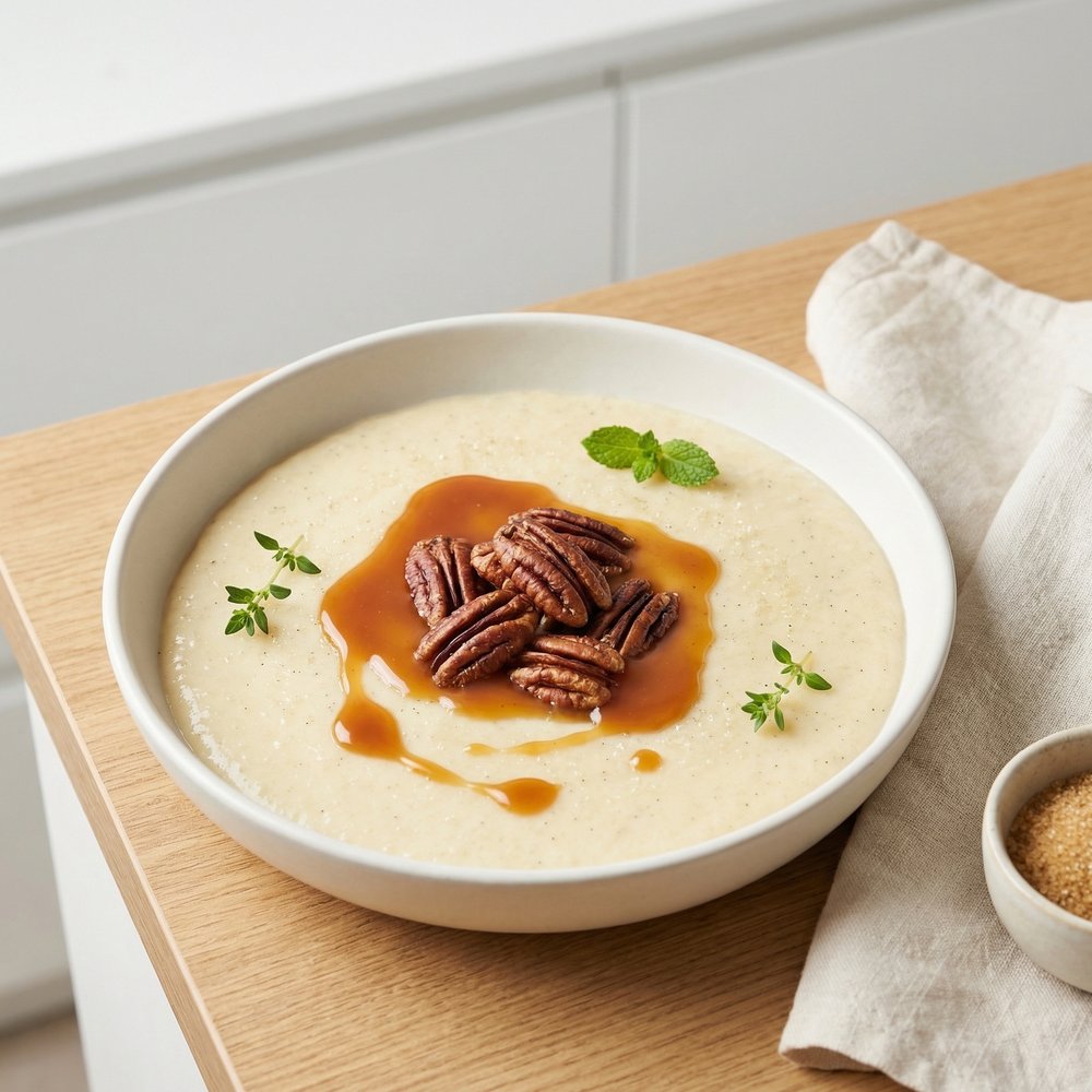 Creamy Couscous Pudding with Caramel Pecans