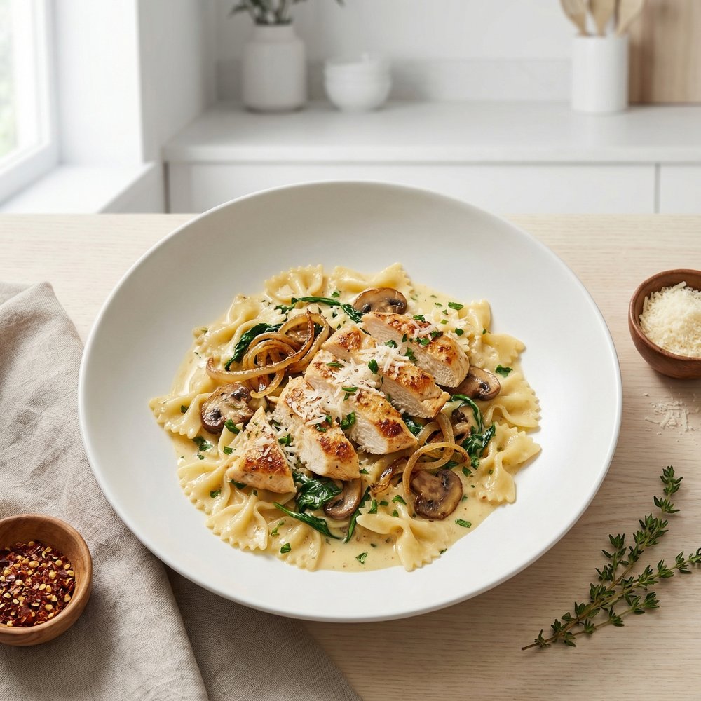 Chicken, Mushroom & Spinach Farfalle in Creamy Dijon Sauce